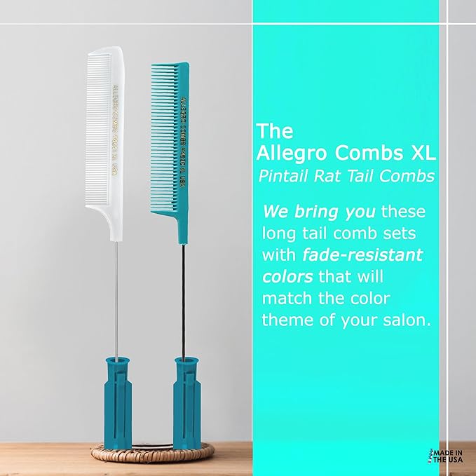 Allegro XL Pintail Rat Tail & Parting Combs - Metal Tail Foiling & Pin Combs (2 Pc. AQUA & WHITE)