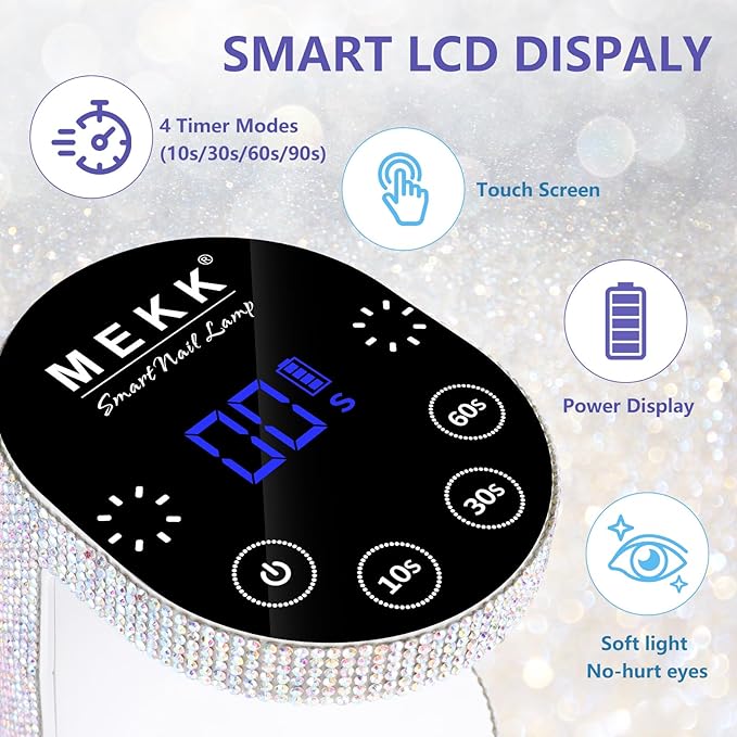 MEKK Cordless Mini UV Light for Gel Nails - 24W Rechargeable Mini UV LED Nail Lamp with Touch Control & Auto Sensor,Diamond Flash Cure Lamp,4 Timers,Portable Nail Light for Salon & Home-Diamond White