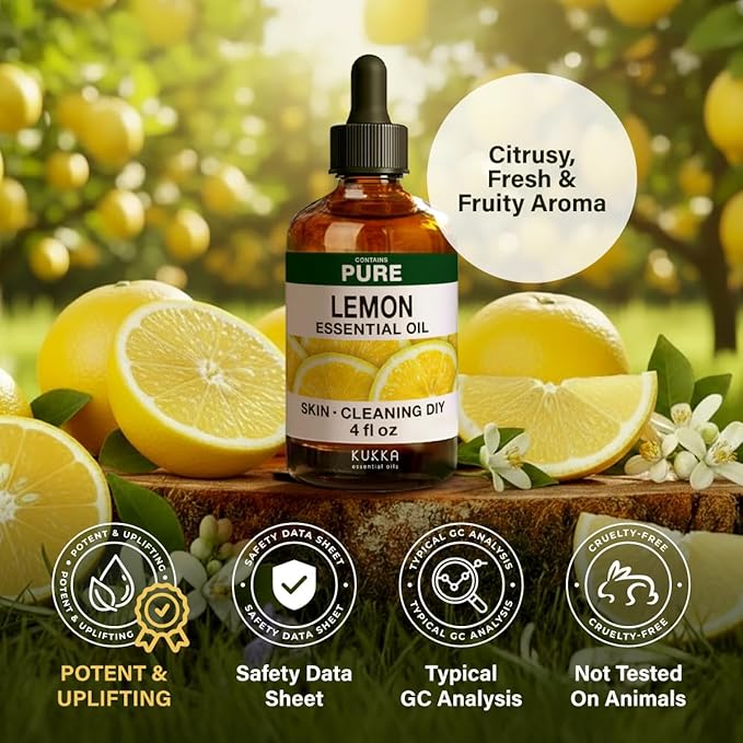 KUKKA Lemon Essential Oils - 4 Fl Oz - for Hair, Skin, Diffuser, Aromatherapy & DIY Soap Making Scent