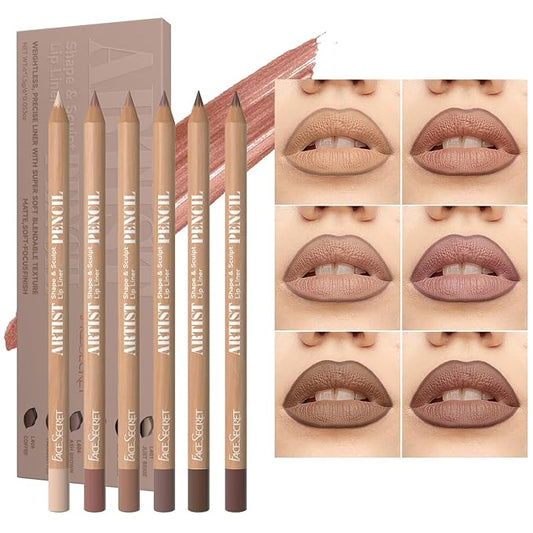 Beauty Glazed 6pcs Nude Brown Lip Liner Makeup Set - Waterproof & Smudge-Proof Matte Pencil, Long-Lasting & Durable, Smooth & Easy Glide, Non-Smudge, Contouring, Filling & Layering (NUDE-BROWN Set)