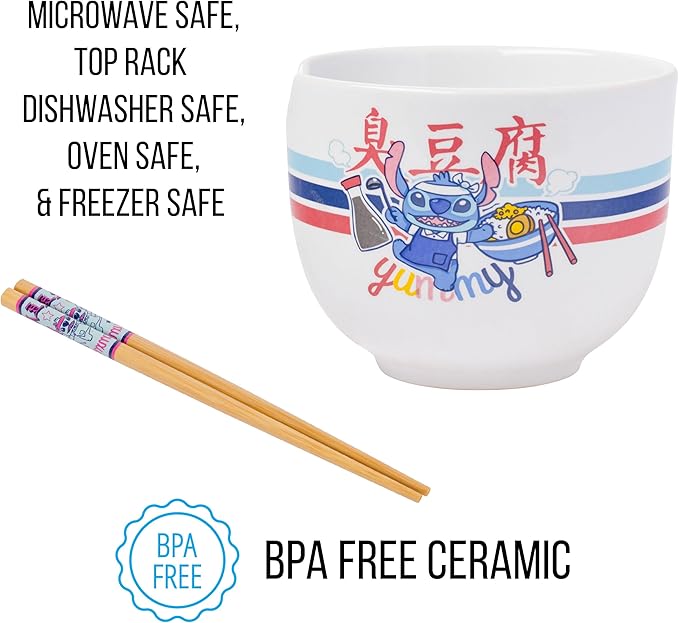 Silver Buffalo Lilo and Stitch Yummy Ceramic Ramen Noodle Rice Bowl with Chopsticks, Microwave Safe, 20 Ounces
