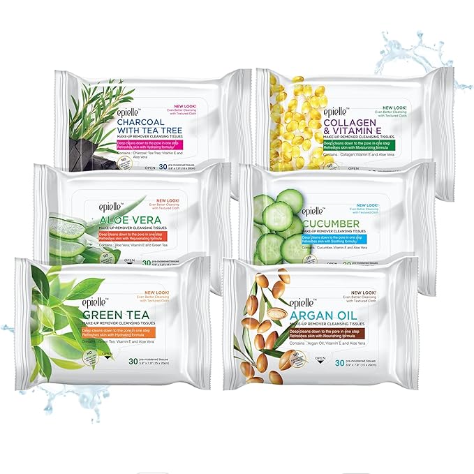 Epielle Makeup Remover Wipes, Remove Waterproof Mascara, Gentle Daily Facial Cleanser Towelettes with Collagen, Tea Tree & Aloe Vera, Stocking Stuffers, Thanksgiving Essentials, 30 Count (Pack of 6)