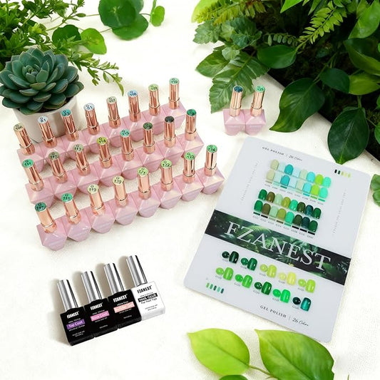 FZANEST Green Gel Nail Polish Set,30pcs 12ml Hema-free Tpo-free Spring Gel Polish Kit With Top Base Coat Nail Art Manicure Salon DIY at Home for Women