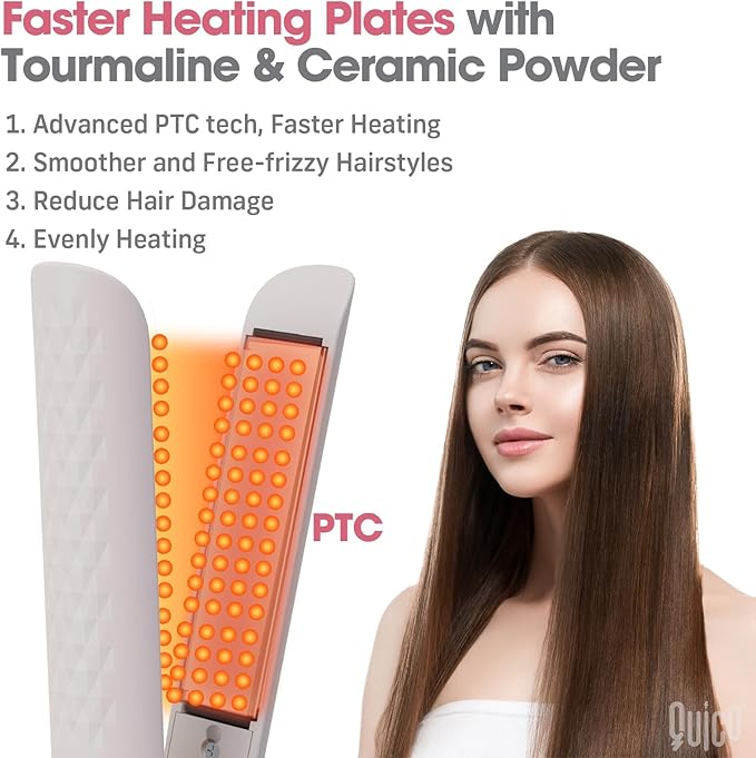 Quico Hair Straightener, 110-240V Global Travel Hair Straighteners for Women, 15s Fast Heating, Professional Negative Ion Flat Iron, Temp Memory, 320℉-450℉, Auto-Off, with Glove and Clips, Gift, Pink