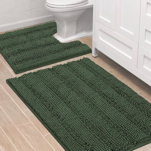 H.VERSAILTEX Bathroom Rugs Bath Rug Set 2 Piece Bathroom Contour Rug Toilet Mat Sets Non Slip Contour Bath Rug Ultra Thick Water Absorbent Striped Bath Mats(36" x 24" Plus 20" x 24" U, Bronze Green)