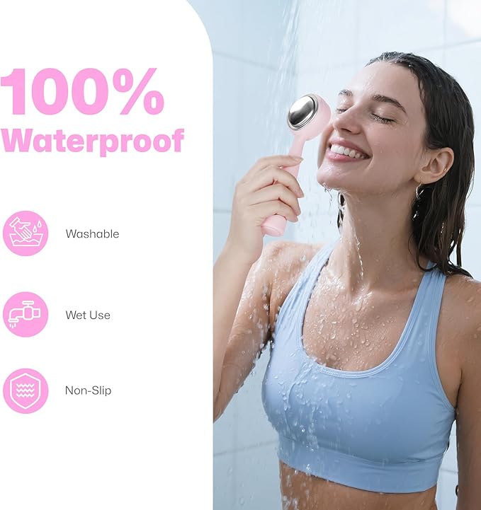 PRITECH Facial Cleansing Brush, Rechargeable Silicone Face Scrubber with Constant-Temperature Heating, Vibrating Exfoliator Scrubber for Deep Pore Cleaning, Waterproof Face Brush for Women & Men -Pink