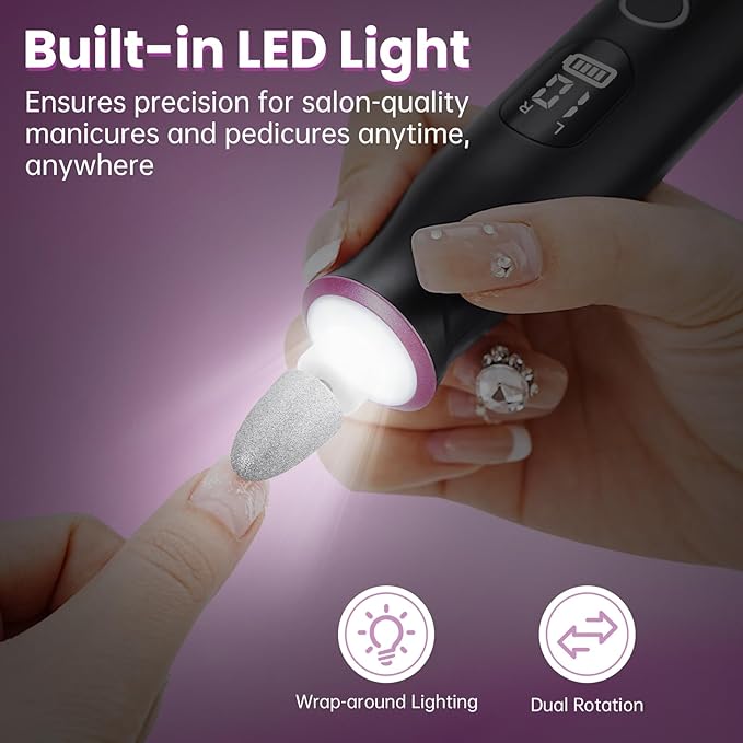 Electric Nail Drill, Cordless 2000 mAh Rechargeable Portable Nail File 12 in 1 Kit for Thick Toenails, 10 Speeds Nail Dril Machine Professional Manicure Pedicure for Hand Natural Nails Care (Black)