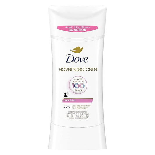 Dove Advanced Care Antiperspirant Deodorant Stick for Soft, Resilient Skin, Clear Finish with No White Marks and 72-Hour Sweat & Odor Protection, 2.6 oz