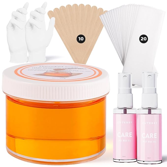 Sugar Wax Kit for Hair Removal: 10.6 Organic Sugaring Wax for Face Body Legs Bikini Back - with Large Strips and Sticks, Care Oils and Gloves