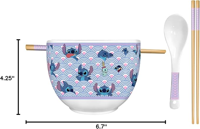 Silver Buffalo Disney Lilo and Stitch Scrump Waves Japanese Pattern Ceramic Ramen Noodle Rice Bowl with Chopsticks and Spoon, Microwave Safe, 20 Ounces