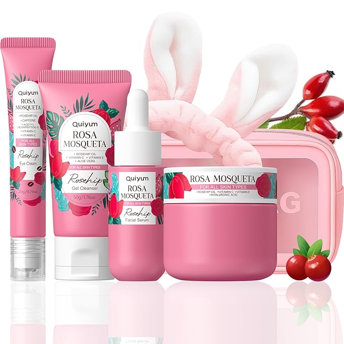 Rosehip Skin Care Sets for Women, Nourishes, Resists Oxidation, Promotes Collagen Production, Refine skin texture, Enhances Skin Elasticity, Korean Style Skincare Gift Se, Travel Set 4PCS