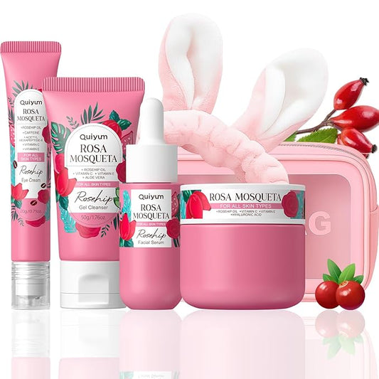 Rosehip Skin Care Sets for Women, Nourishes, Resists Oxidation, Promotes Collagen Production, Refine skin texture, Enhances Skin Elasticity, Korean Style Skincare Gift Se, Travel Set 4PCS