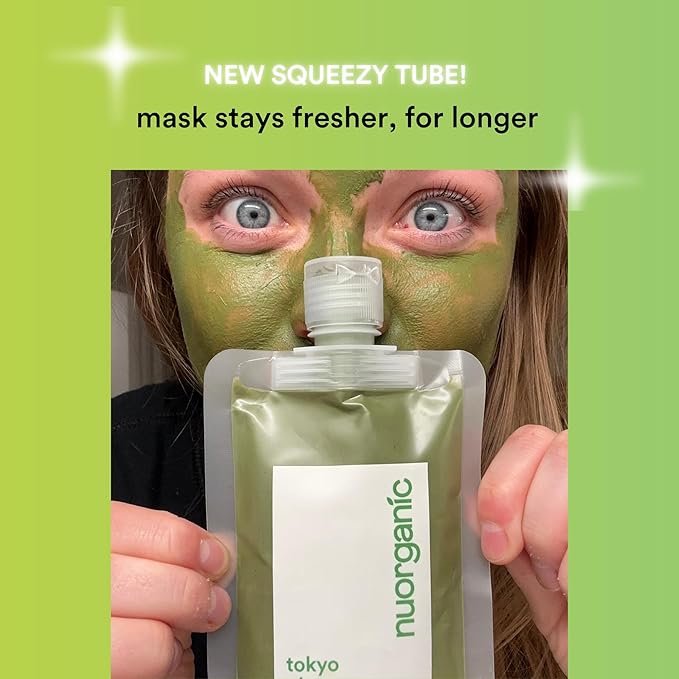 nuorganic Matcha Green Tea Clay Mask for Purifying Cleanse, Toning, Refreshing, Hydrating Skin - Squeezy Tube Stays Fresher for Longer - Clean, Natural, Organic Ingredients, 4.2 fl oz