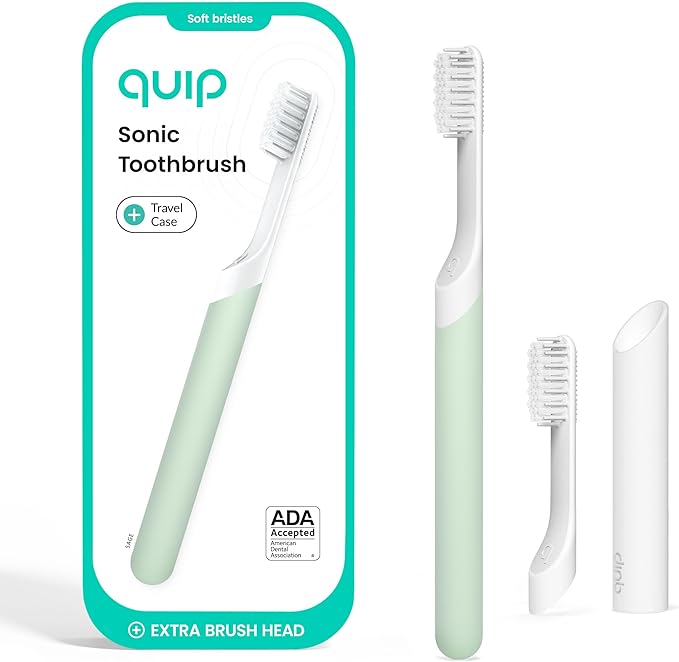 Quip Sonic Electric Toothbrush for Adults - Time Travel & Soft Bristles with Travel Case & Replacement Brush Head - 3 Month Battery Life, Plastic Handle - Sage Green