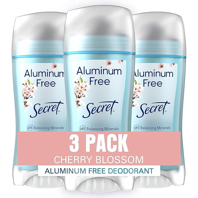 Secret Aluminum Free Deodorant for Women, 48hr Odor Protection, Free of Parabens Dyes Talc & Baking Soda, PH Balancing Minerals, Dry Solid, Cherry Blossom Scent, 2.4 oz (Pack Of 3)