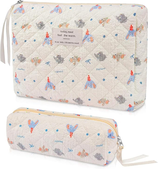 2PC Makeup Bag Set, Cute Cosmetic Bag for Women Girls, Floral Coquette Aesthetic Toiletry Bag, Travel Make Up Organizer Bag (Elephant)