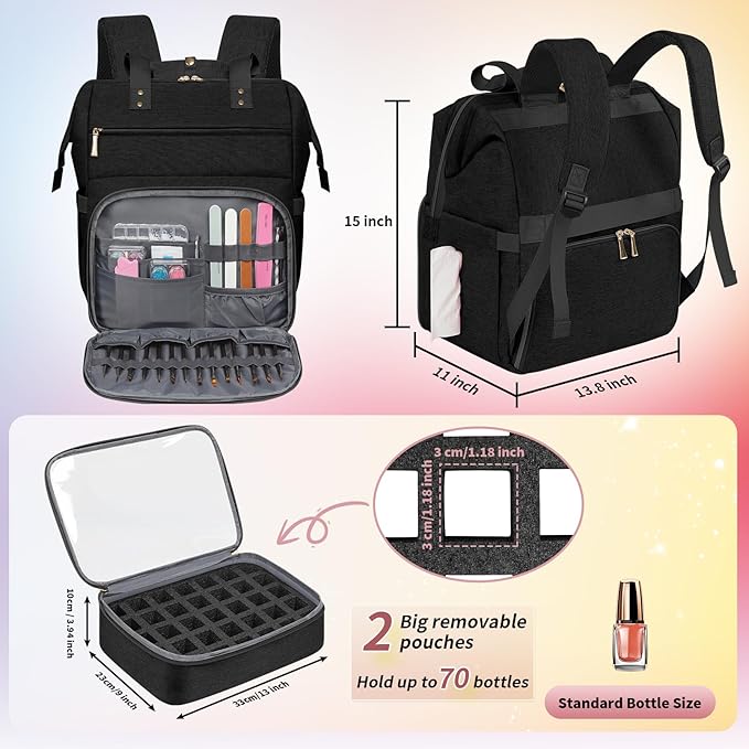 LTINVECK Nail Polish Organizer Case Backpack Holds 70 Bottles (15ml/0.5fl.oz)& Nail Lamp, 2 Layers Detachable Nail Kit Storage Case, Large Travel Nail Supplies Shoulder Bag for Manicure Tools (black)