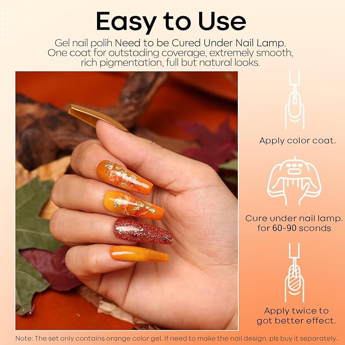 modelones Fall Gel Nail Polish Bright Orange Polish Neon Polish, Soak OFF UV LED Gel Nail Polish Manicure Autumn Nail Art DIY Salon 15 ML