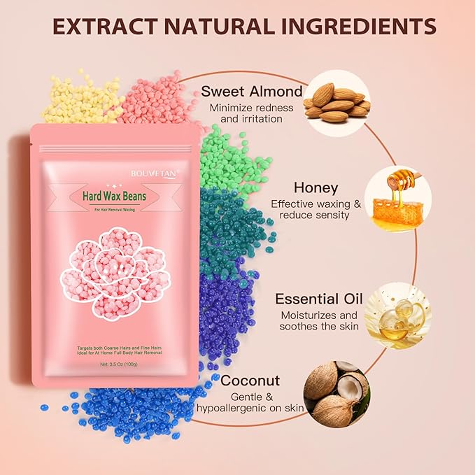 Wax Beads for Hair Removal, 2.2lb/1000g Hard Waxing Beans for Full Body, Brazilian, Bikini, Face, Eyebrows, Home Wax Refill for Women & Men, Pack of 10 with Pre & Post Oil