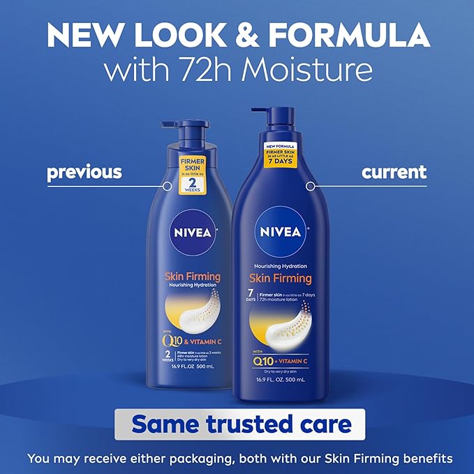 NIVEA Nourishing Hydration Skin Firming Body Lotion with Q10 and Vitamin C, 72-Hour Body Moisturizer for Dry to Very Dry Skin, 16.9 Fl Oz Pump Bottle