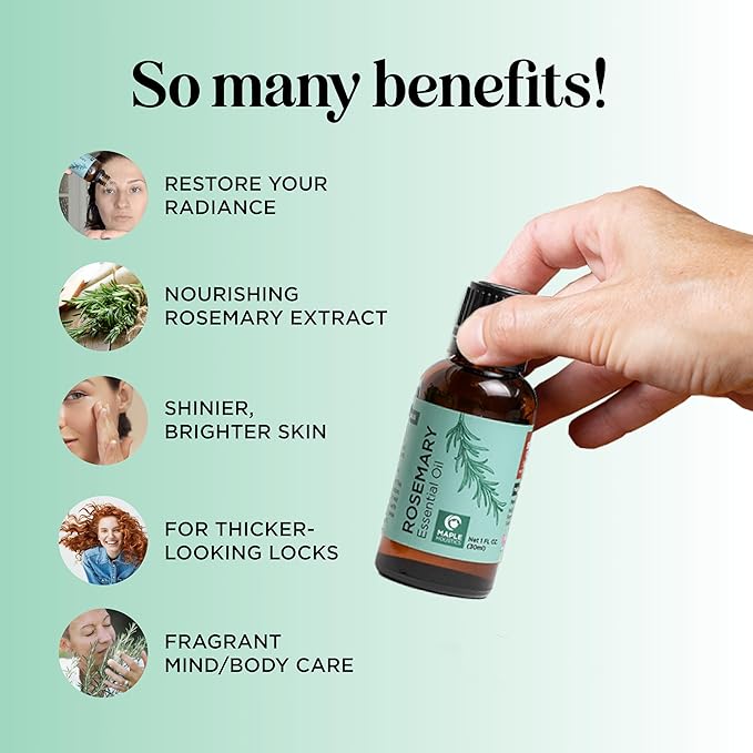 Pure Rosemary Oil for Hair Skin and Nails - 100% Pure Undiluted Rosemary Essential Oil with Dropper for Topical Uses Aromatherapy Diffusing and Home and Beauty DIYs - Vegan and Cruelty Free (1 Fl Oz)