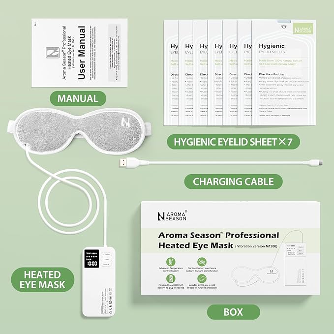 Aroma Season Vibrating Heated Eye Mask for Dry Eyes, 3000mAh Cordless Warm Eye Compress for Stye, Blepharitis, Rechargeable Electric Eye Heating Pad for MGD, Included Hygienic Eyelid Sheets