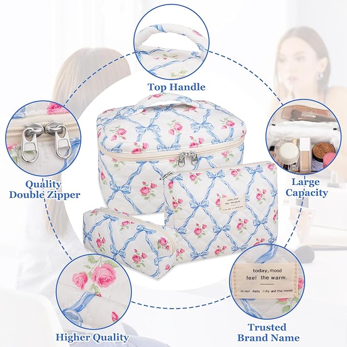 Makeup Bag Set, Quilted Makeup Bag, Large Floral Cosmetic Bag for Women, Cute Cotton Makeup Bags, Flower Travel Toiletry Organizer Bag (Blue Flower)