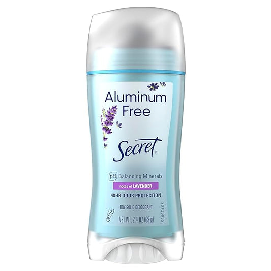 Secret Aluminum Free Deodorant for Women, 48hr Odor Protection, Naturally Derived Ingredients, Free of Parabens Dyes Talc & Baking Soda, PH Balanced, Dry Solid, Lavender Scent, 2.4 oz