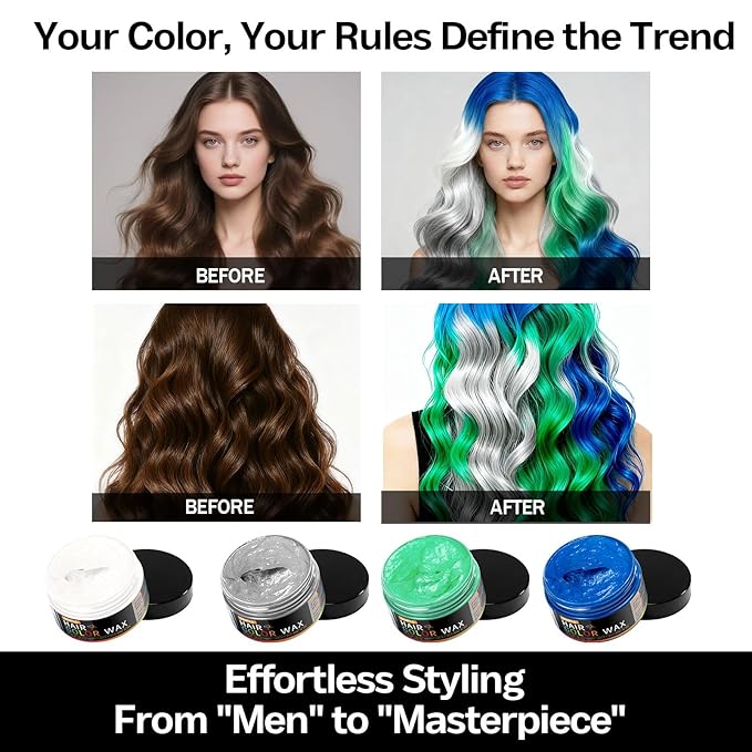 4 Colors Temporary Hair Color Wax for Christmas Party, Stocking Stuffers - DIY Washable Natural Instant Hair Color for Women Temporary Hair Dye for Kids Teens Women Men(White&Gray&Green&Blue 5 pcs)