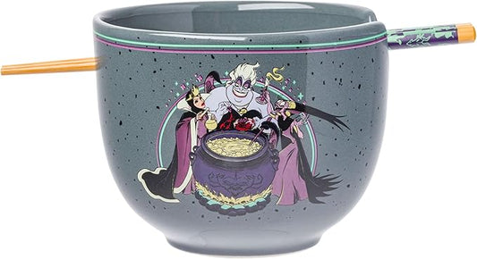 Silver Buffalo Disney Villains Featuring Ursula, Evil Queen, and Yzma Cooking Up Trouble Ceramic Ramen Noodle Rice Bowl with Chopsticks, Microwave Safe, 20 Ounces