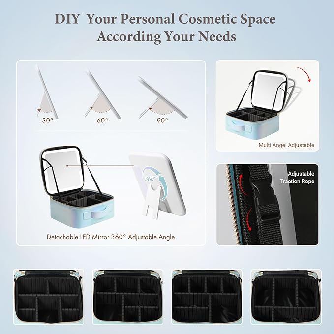 Travel Makeup Bag with LED Lighted Mirror, Cosmetic Makeup Organizer Bag with 3 Color Setting, Makeup Train Case with Adjustable Dividers for Women Makeup Brushes Jewelry Accessories