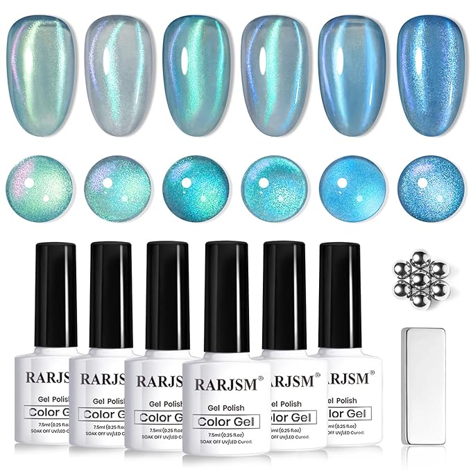 RARJSM Blue Cat Eye Gel Nail Polish Set 6pcs Reflective Diamond Glitter Clear Light Gray Sea Blue Green Tone Glass Cateye Gelpolish with Magnet Stick 7.5ml Curing Requires Soak Off for Home Salon