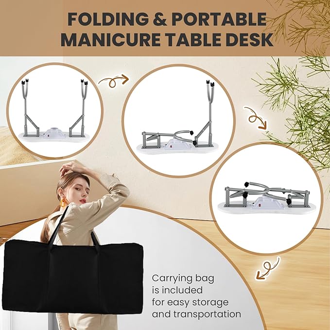 WELLHUT Nail Table All-in-One Manicure Desk w/Electric Dust Collector, LED Nail Lamp, Carry Bag & Wrist Cushion, Mobile Nail Desks w/Universal Mute Wheels for Manicurists Home Spa Beauty Salon