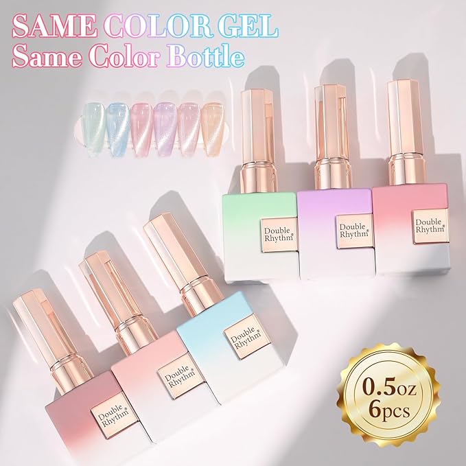Double Rhythm Cat Eye Gel Nail Polish Set of 6 Same Color Same Bottle 0.5 Oz Shimmer Glitter with Magnet Holographic Reflective Magnetic UV Nail Polish Kit (Silver Nude Pink Blue Purple-T6-28)