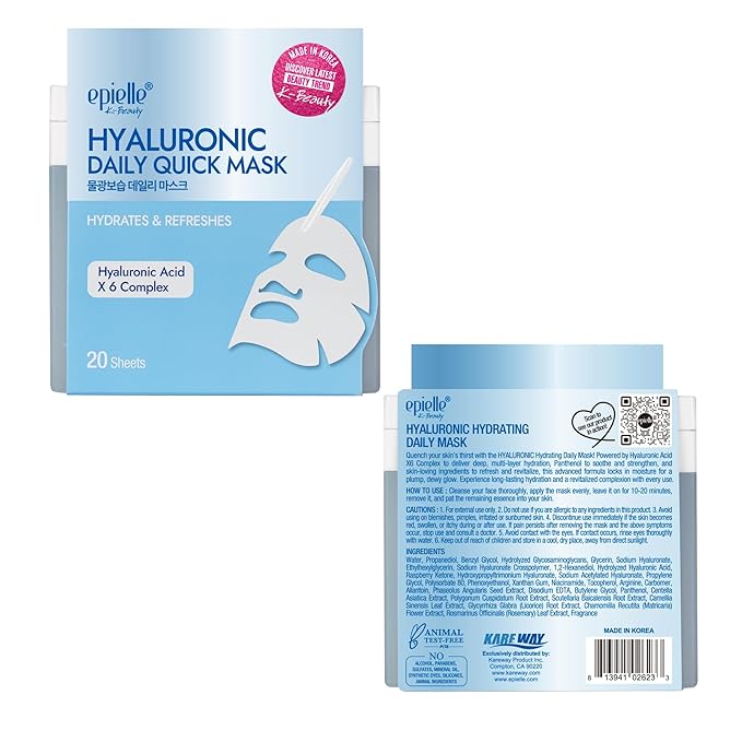 Epielle Hyaluronic Acid Korean Face Masks 20 Pack - 6x HA Complex Hydrating Sheet Masks for Anti Aging & Dry Skin, Thanksgiving Essentials & Stocking Stuffers for Women
