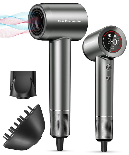 Hair Dryer - Negative Ionic Blow Dryer with 150000 RPM High Speed Brushless Motor for Fast Drying, Low Noise, HD Display Hair Dryer with Diffuser and Nozzle, 5 Temps & 2 Speeds
