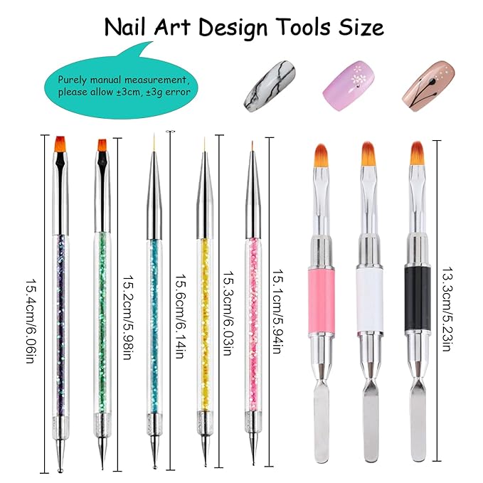 Nail Art Brushes, 8Pcs Double-Ended Acrylic Nail Brush Set & Picker Brush Tool for Nail Art with PolyGel Gel Acrylic Nails Extension Fine Liner Brushes and Dotting Pen (6,7,8,9,11 mm)