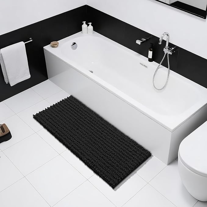 Yimobra Bathroom Runner Rug 55x24 Inch - Extra Long Non Slip Chenille Bath Mat, Soft & Absorbent, Machine Washable Shaggy Hallway Carpet for Vanity Tub Shower, Black Home Decor Accessories