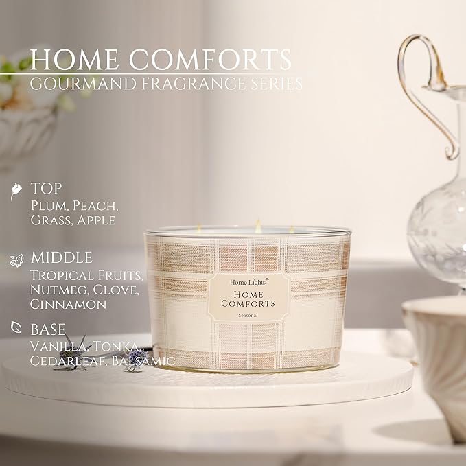 HomeLights Home Comforts Scented Candles | 18oz Soy Candles Rustic Modern 4-Wick Large Candle Jars | Ideal Candle Gifts for Events, Home Decor Stress, Relief & Relaxation