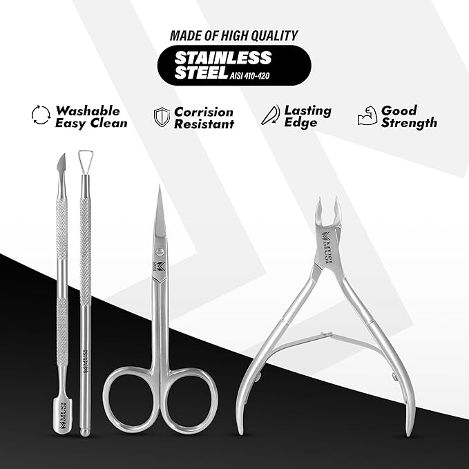 MUSI 4-Piece Cuticle Care Kit – Precision Cuticle Nipper, Pusher, Scraper & Cuticle Scissors – Stainless Steel Manicure Tools Set for Nail & Skin Grooming – Salon & Home Use