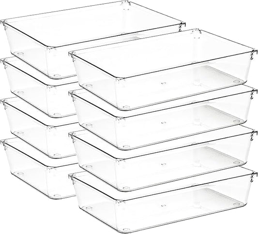 8 Pack Drawer Organizer - 6" X 9" Clear Acrylic Storage Bins with Non-Slip Pads, Versatile Desk Tray for Makeup, Jewelry, Kitchen, Bathroom, and Office Organization