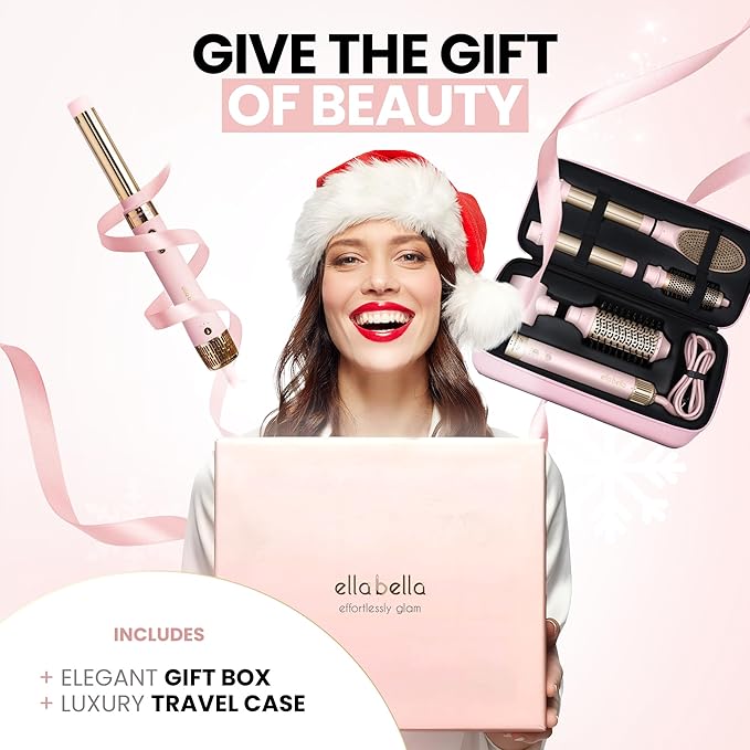 ELLA BELLA® 6 in 1 Professional Hot Air Styler • Powerful Hair Dryer & Straightener Set • Styling Without Heat Damage • Fast Drying Curling Volumizing Straightening • Protective Travel Case (Pink)