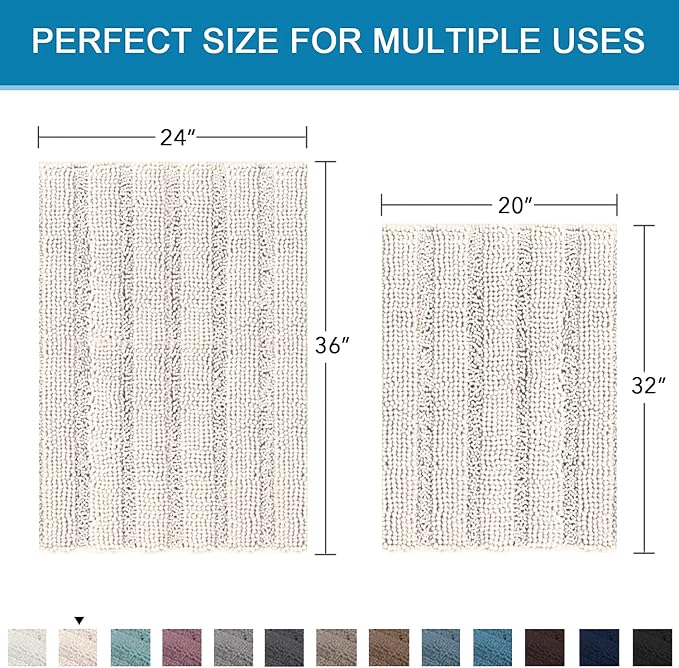 H.VERSAILTEX 2 Piece Bathroom Set - Super Absorbent Chenille Striped Bath Mats, Non Skid, Machine Washable (Ivory, 24 x 36 Plus 20 x 32 - Inches)