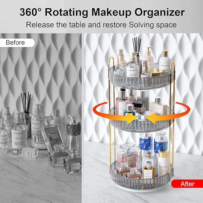 GTI 360°Rotating Makeup Organizer, 3 Tier Large Capacity Perfume Cosmetics Skincare Vanity Organizers,Bathroom Counter Organizer, Dresser Spinning Countertop Organizer and Storage for Women (Grey)