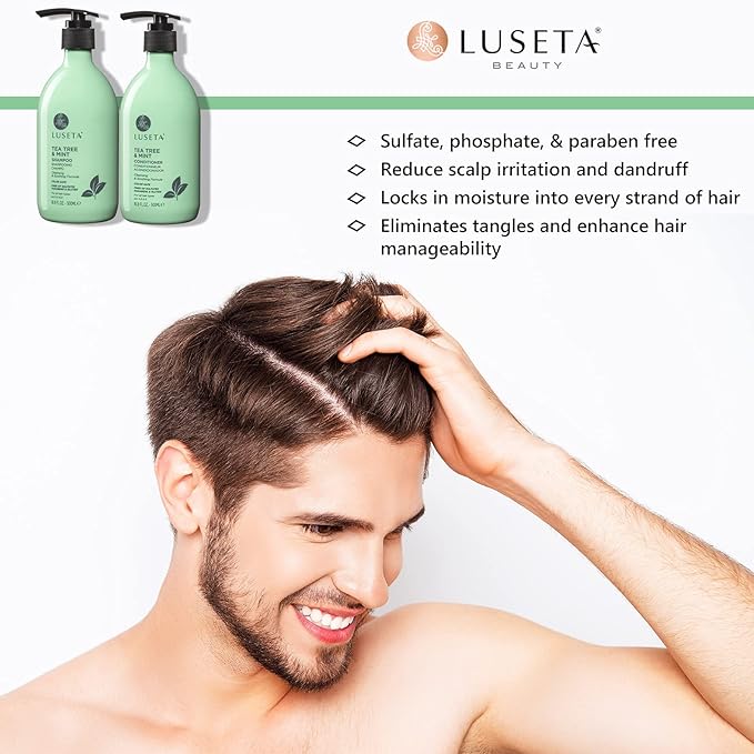 Luseta Tea Tree & Mint Shampoo Cleansing and Soothing for All Hair Types Nourishing & Invigorating Scalp Fights Dandruff 16.9 Oz