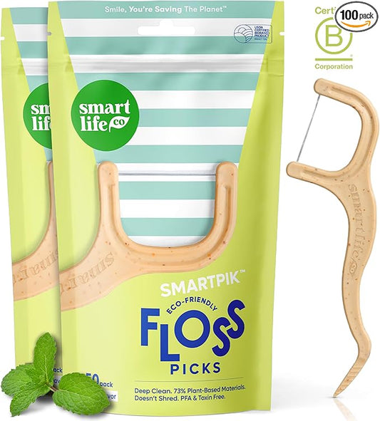 SmartLifeco Eco-Friendly Dental Floss Picks (100ct) - Flossers Made with Straw Wheat Blend, Superior Anti-Shred Thread for Tight Gaps, Tooth Pick Stick for Adults, Soft on Gum & Teeth, Vegan, Mint