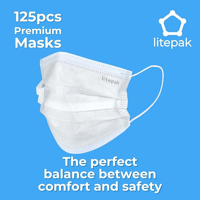 Litepak 125-Pack Disposable Face Mask Premium Comfort Earloops with Dispenser Box (White)