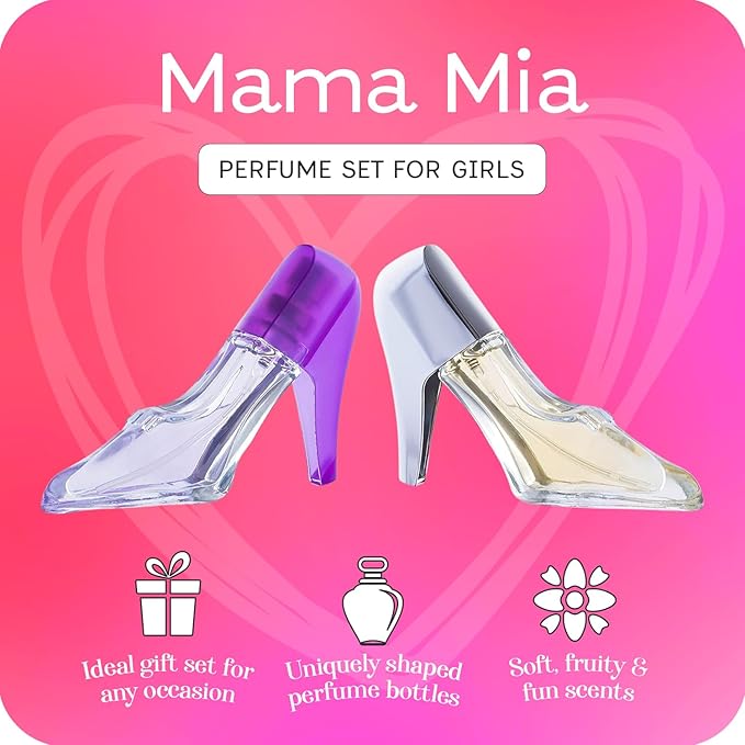 Mama Mia Girls Perfume Gift Set – 2 Stiletto-Shaped Body Spray Perfumes | Fruity & Fresh Scents for Tween & Teen Girls (Ages 10-14) | Gift-Ready Fashion Collection Body Mist for Kids & Teens
