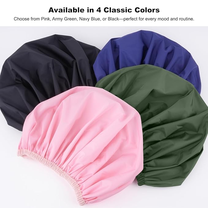 2 Pack Shower Caps for Women, Reusable Waterproof Shower Cap with Elastic Band, Thickened Waterproof Fabric Shower Bonnet for Braids, Long Hair (Pink and Green)