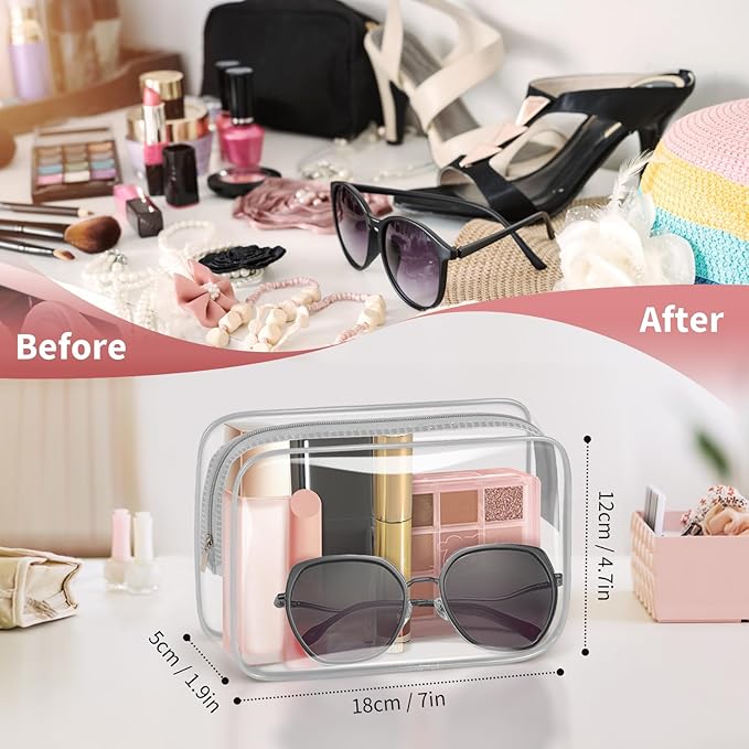 TISRATOK 12 PCS Clear Makeup Bag for Women with Zipper, TSA Approved Toiletry Pouch, Cosmetic Bag Bulk for Travel Organizer Essentials - Grey,Medium